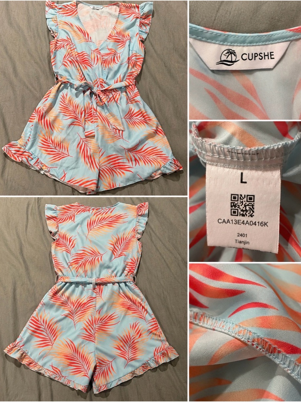 Cupshe Light Blue Romper with Coral & Peach Leaf Print